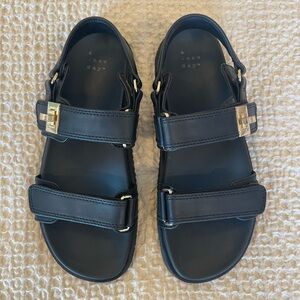 A New Day Chunky Sandals Adjustable Velcro Straps Size 7.5 Black w/Gold Hardware